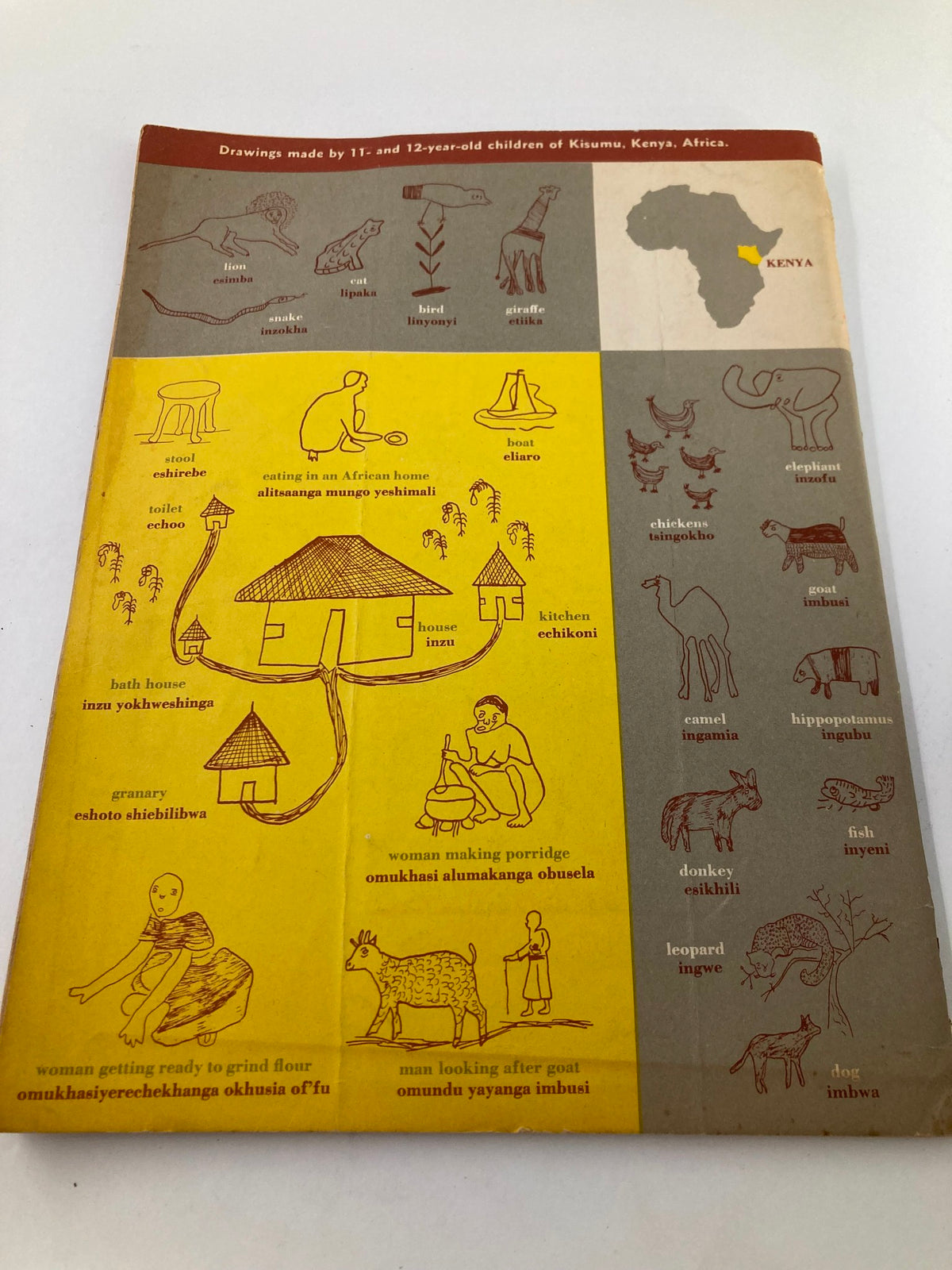 Back cover of the August 1956 Highlights Magazine, featuring drawings by children from Kisumu, Kenya. Illustrates various cultural visuals and educational content, enhancing the theme of global understanding in children's literature.