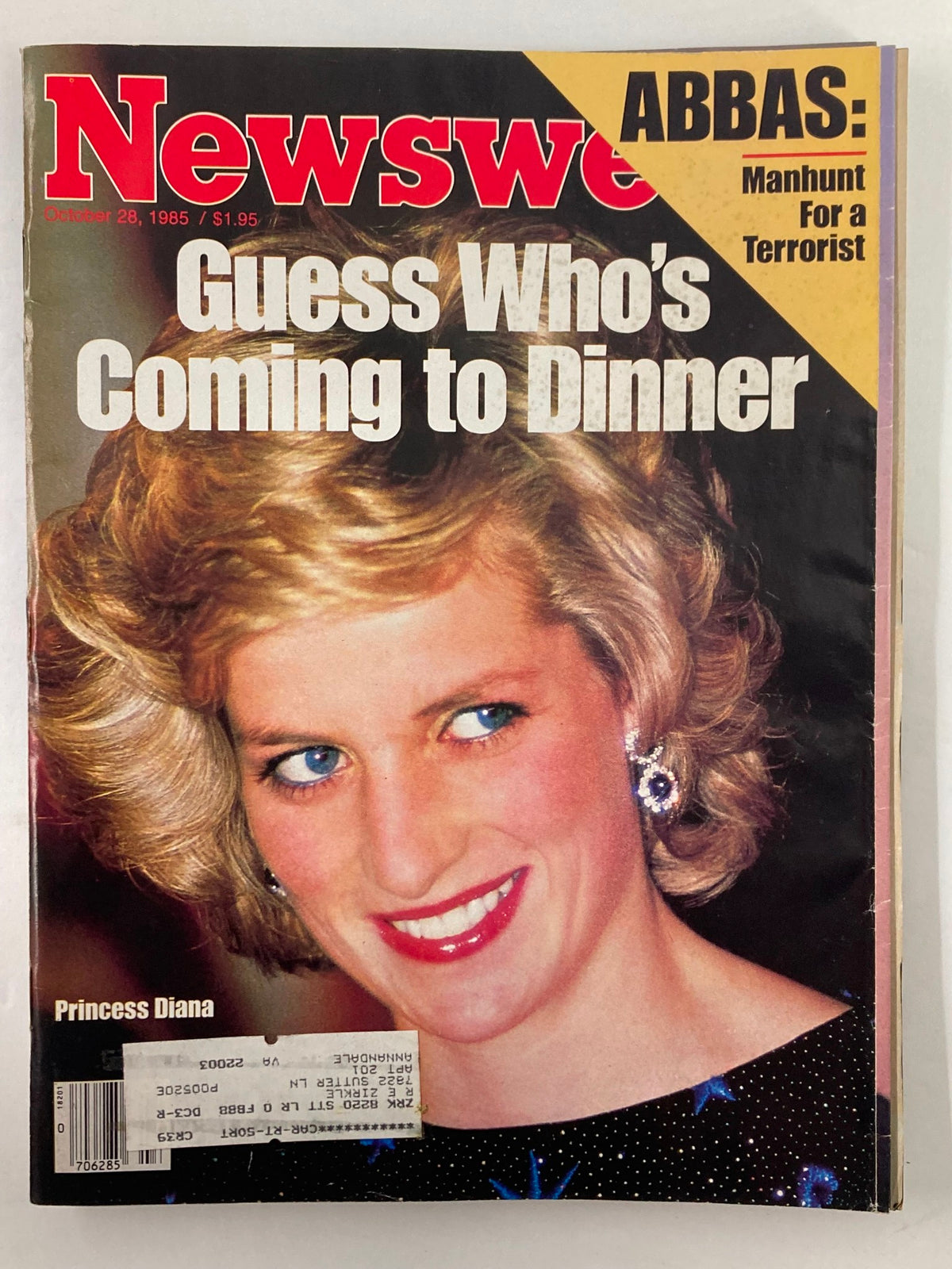 VTG Newsweek Magazine October 28 1985 featuring Princess Diana on the cover, with the headline 'Guess Who's Coming to Dinner'.