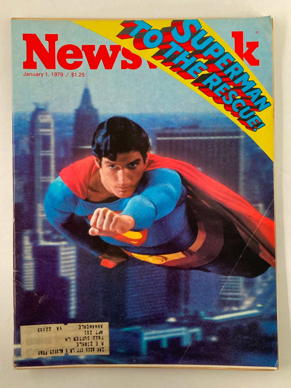 VTG Newsweek Magazine January 1 1979 cover featuring Christopher Reeve as Superman soaring in flight with a vibrant background and a headline declaring 'Superman To The Rescue'.