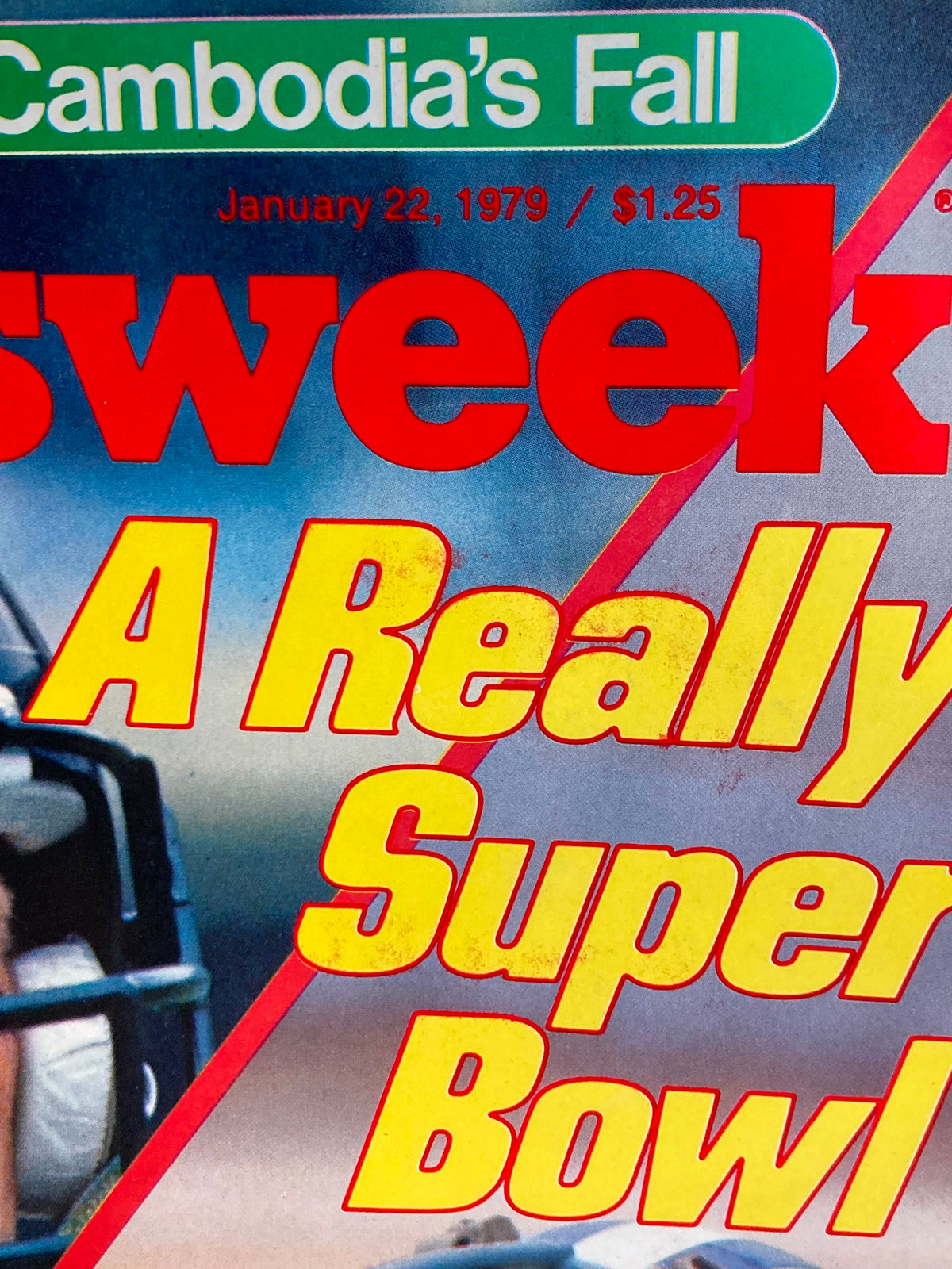 Close-up of the title and date on the cover of VTG Newsweek Magazine January 22, 1979, featuring the text 'A Really Super Bowl' in bold colors.