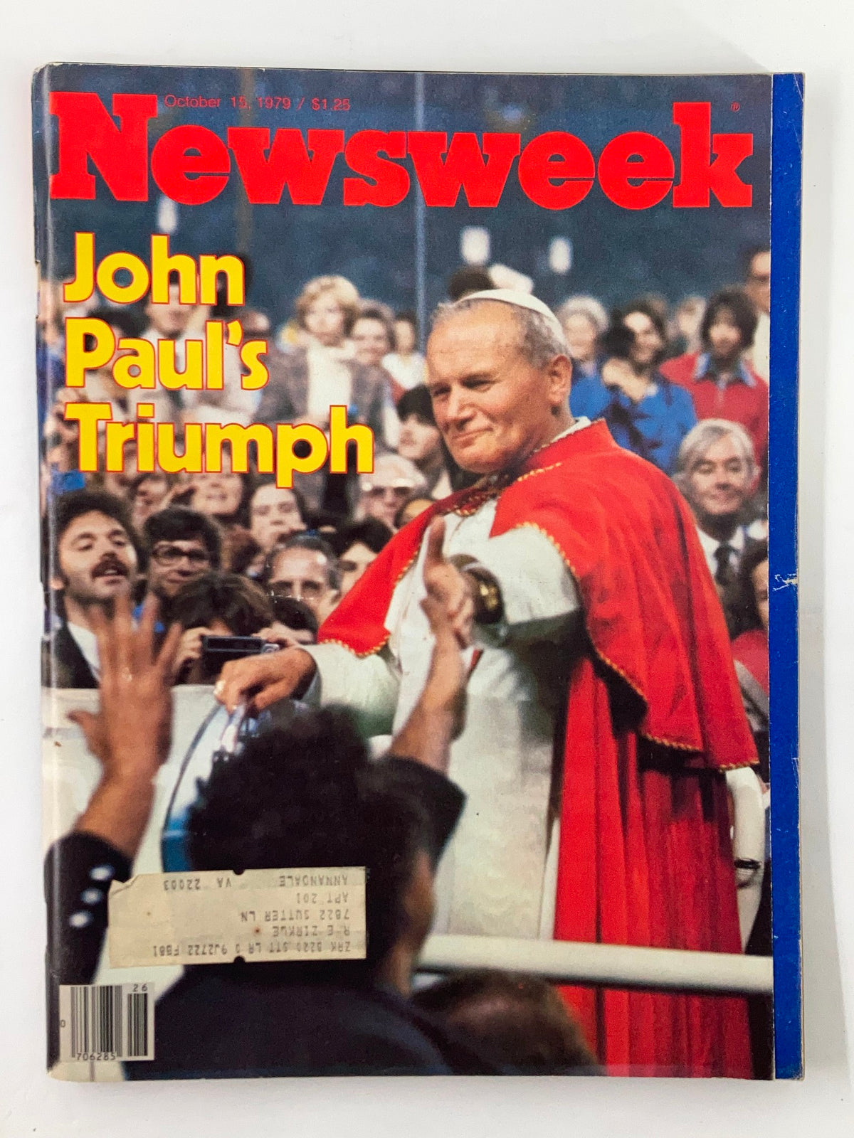 VTG Newsweek Magazine cover from October 15, 1979, featuring Pope John Paul's Triumph, highlighting his impact and public reception.