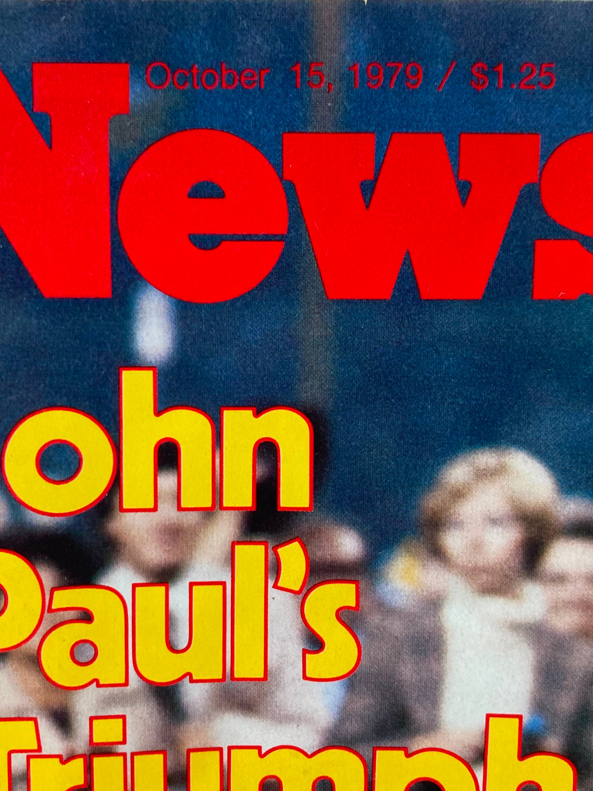 Close-up of the VTG Newsweek Magazine title from October 15, 1979, displaying 'John Paul's Triumph' in bold colors.