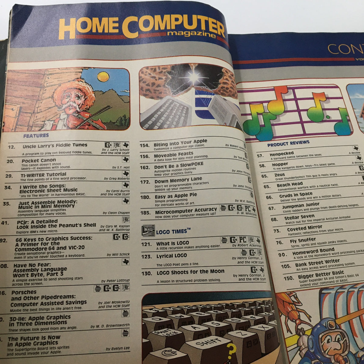 Cover page of Home Computer Magazine Vol. 4 No. 1 featuring a section titled Uncle Larry's Fiddle Tunes. The image showcases the magazine's features and colorful graphics related to computing and music.