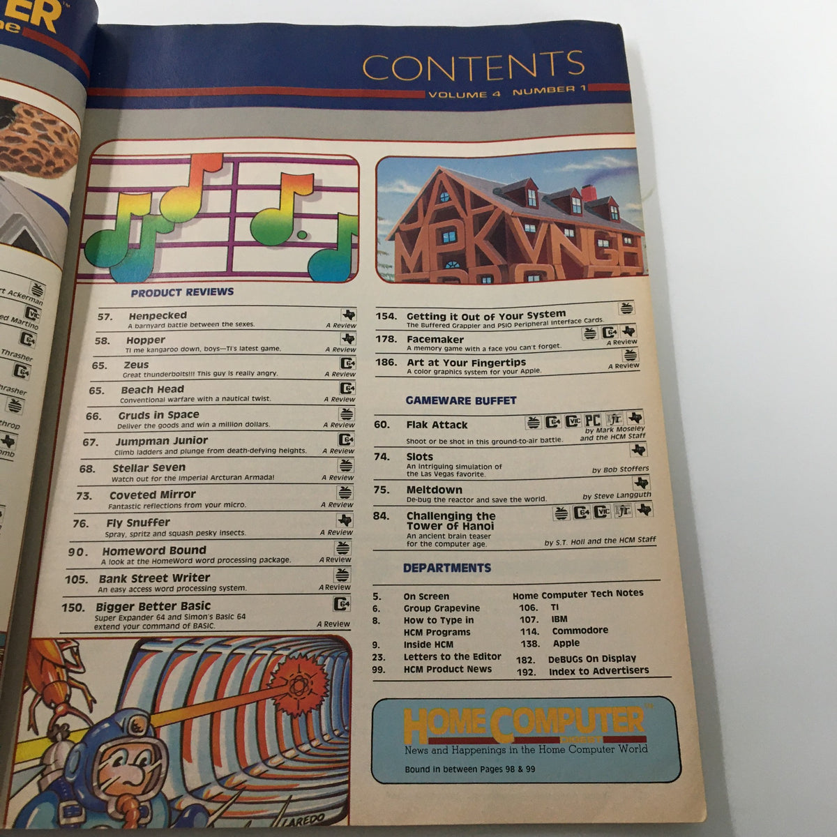 Contents page of Home Computer Magazine Vol. 4 No. 1, highlighting various product reviews and gameware sections. The image features vibrant musical notes and illustrations about computer games and technology.