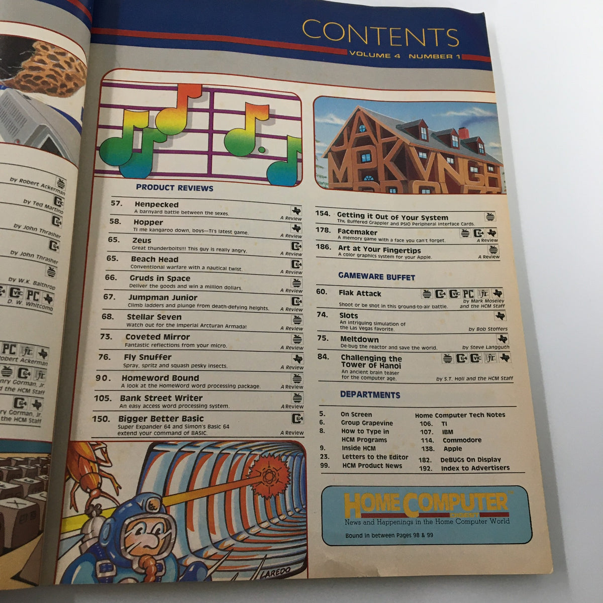 Contents page of Home Computer Magazine Vol. 4 No. 1 featuring sections on product reviews, game reviews, and departments.