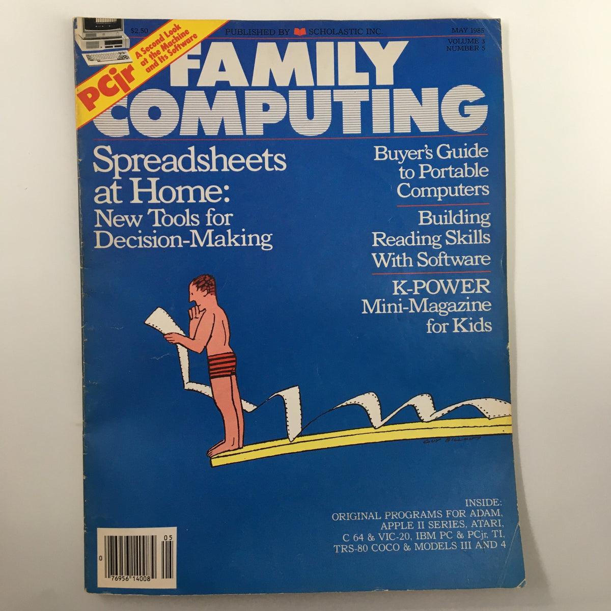 Cover of VTG Family Computing Magazine May 1985 featuring a Buyer's Guide to Portable Computers, depicting a boy reading while surfing on a bodyboard. Highlights include articles on spreadsheets and new tools for decision-making.