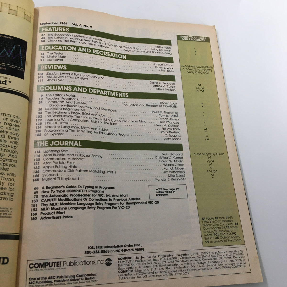 Inside page of VTG Compute Magazine September 1984 presenting the table of contents, featuring articles on educational software and programs for computers, ideal for vintage magazine collectors.