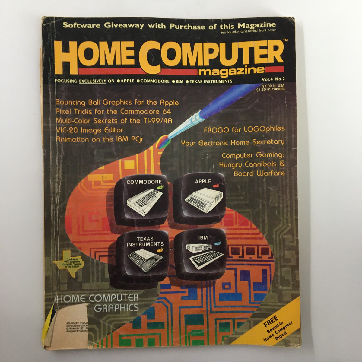 Cover of VTG Home Computer Magazine Vol. 4 No. 2 Frogo for LOGOphiles, showcasing vintage computer graphics and programming themes with illustrations of popular computers including Apple and Texas Instruments.