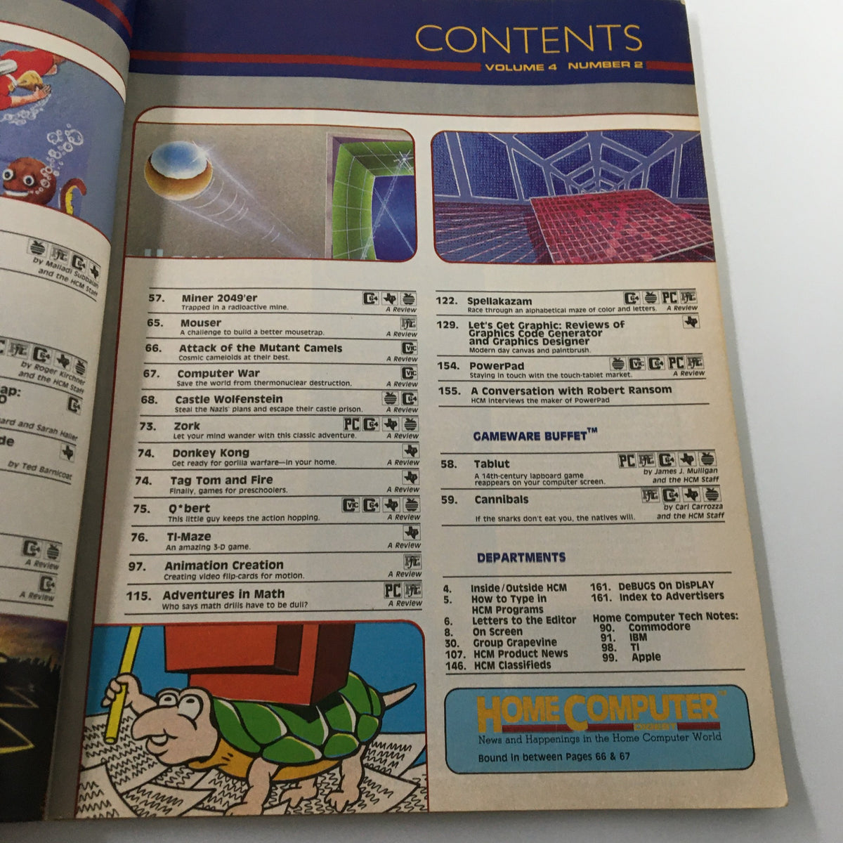 Another contents page of VTG Home Computer Magazine Vol. 4 No. 2 Frogo for LOGOphiles with graphics and sections listed.