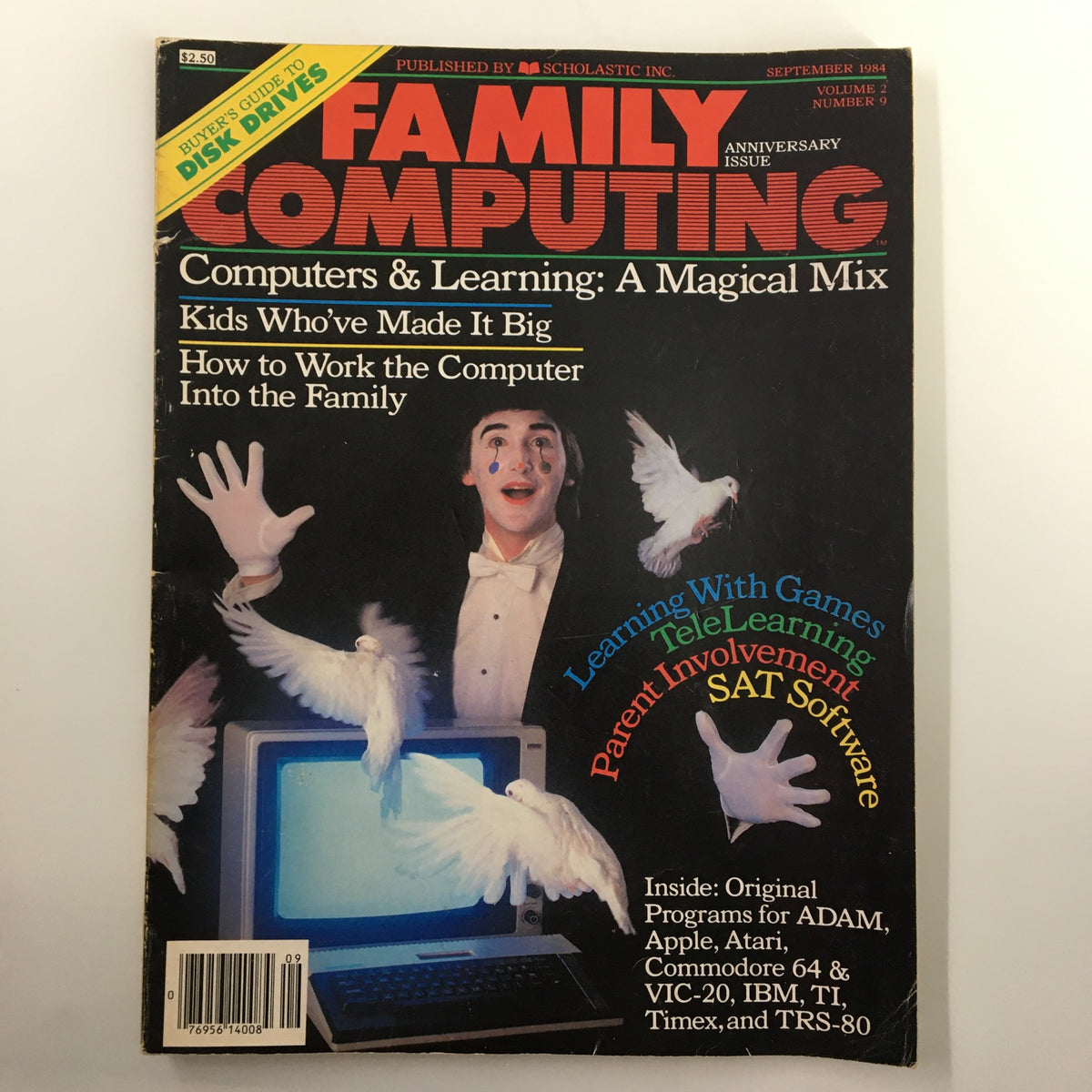 Family Computing Magazine September 1984 cover featuring a magician with doves, highlighting topics such as Computers & Learning and original programs for ADAM, Apple, and more.