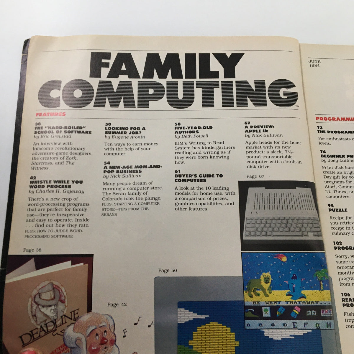 Table of contents from VTG Family Computing Magazine June 1984, featuring key articles and sections including the buyer's guide.