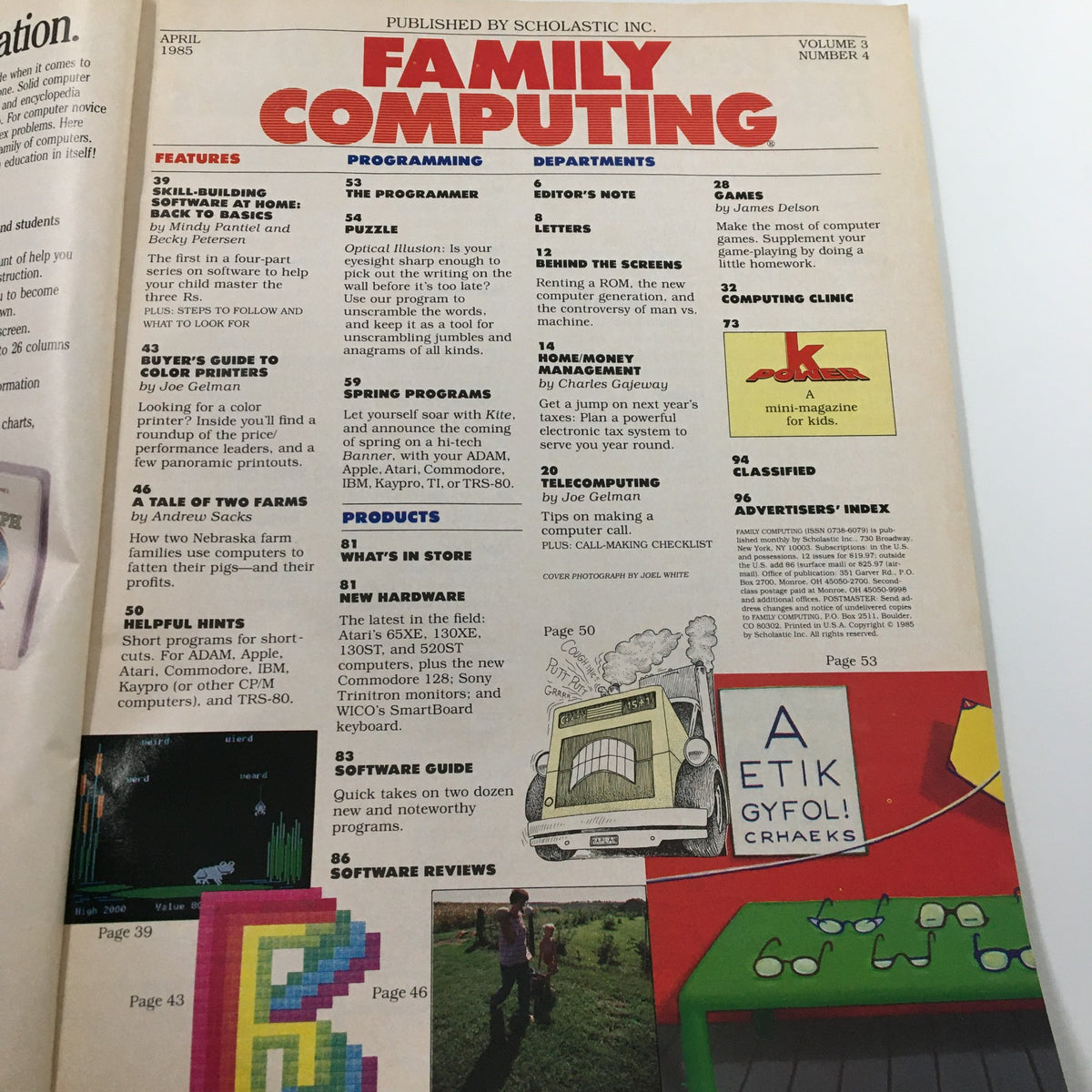 Inside page of the VTG Family Computing Magazine April 1985 displaying the contents overview, including articles about programming, product reviews, and educational tips for using computers.