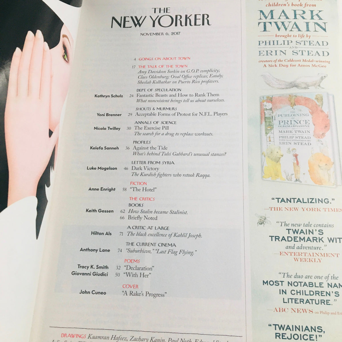 Table of contents from The New Yorker November 6, 2017, featuring articles and contributors, encapsulates the magazine's literary depth.