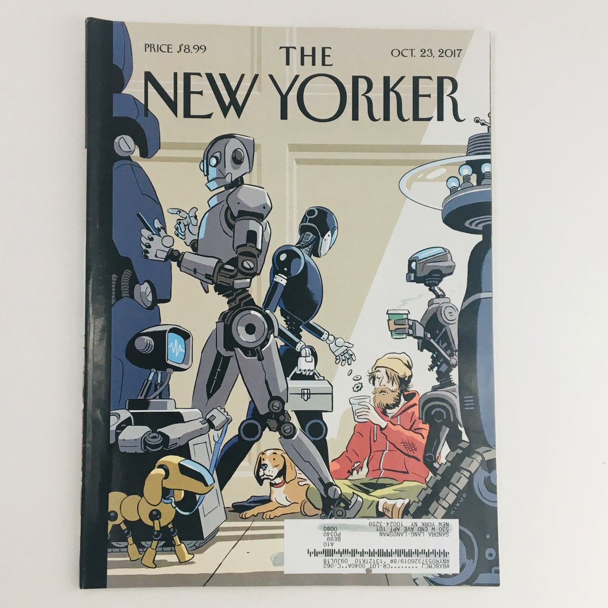 The New Yorker October 23 2017 Full Magazine Cover by R. Kikuo Johnson featuring robots and a human character, showcasing creative illustration.