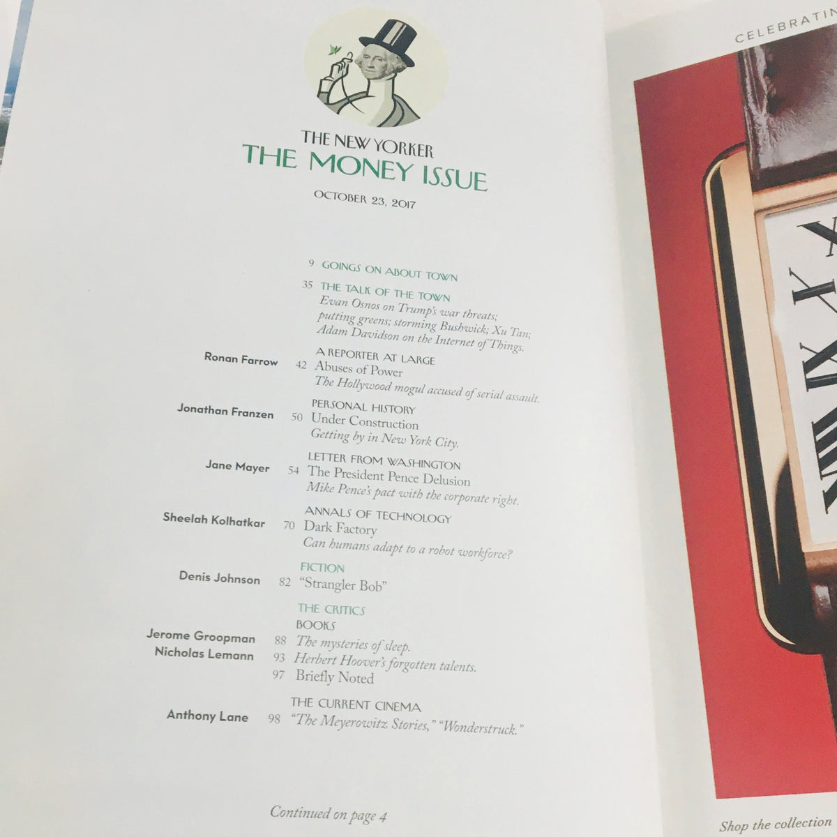 Interior page of The New Yorker October 23 2017 edition highlighting articles of The Money Issue, including contributions from Ronan Farrow and Anthony Lane.