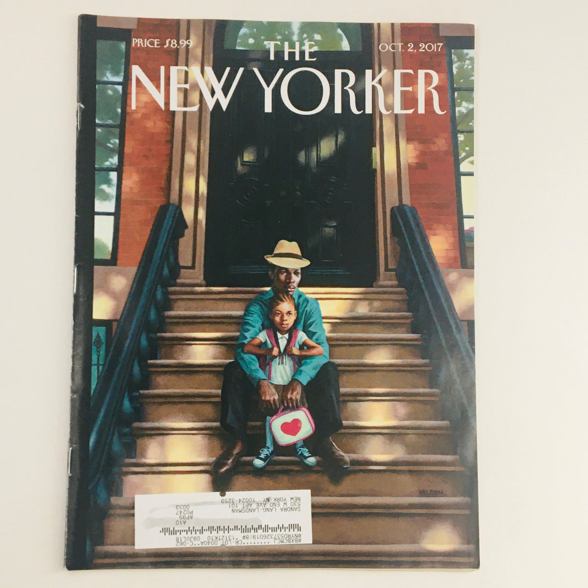 The New Yorker October 2 2017 Full Magazine Cover by Kadir Nelson featuring a father and daughter sitting on steps, showcasing unique artistic style.