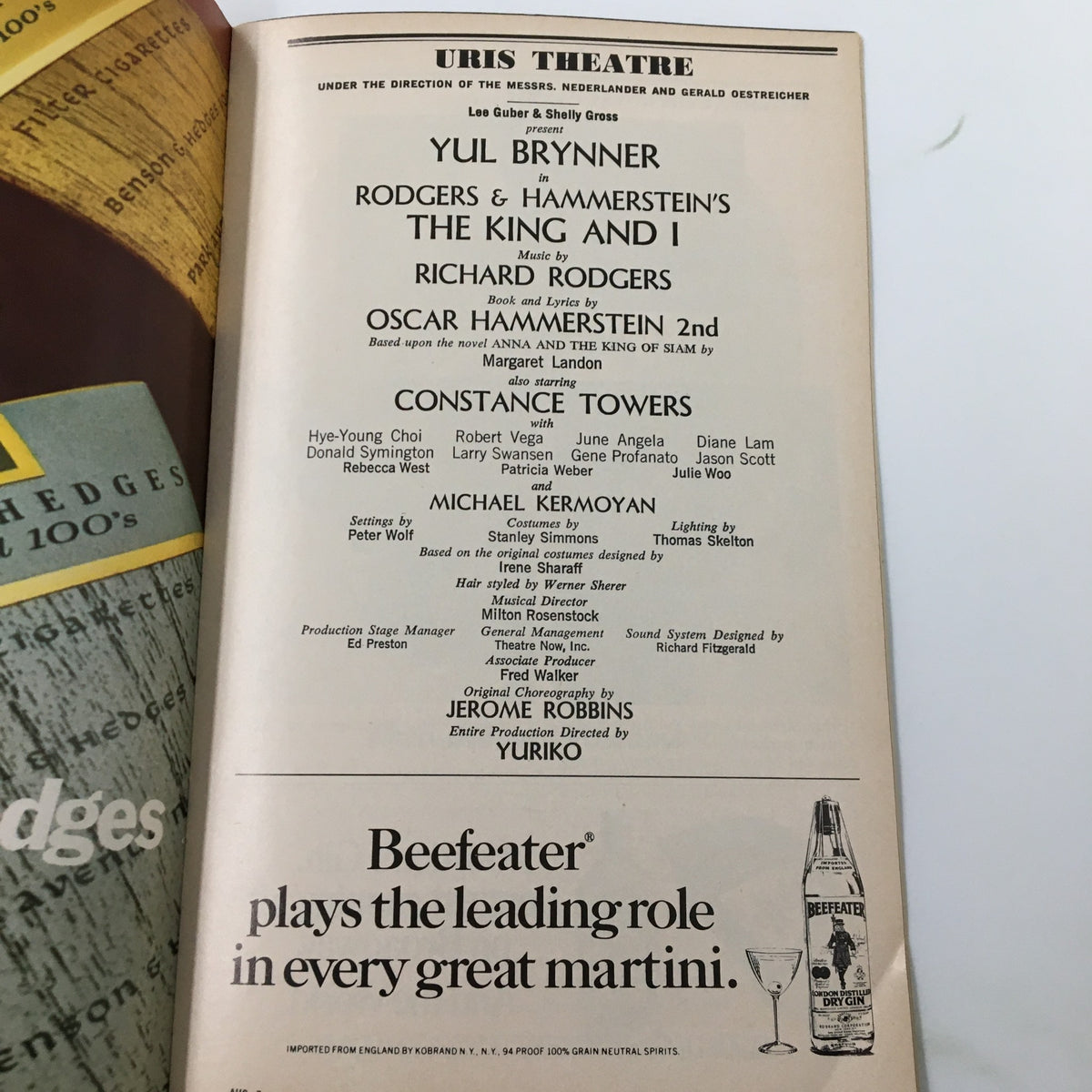 Inside page of the 1978 Playbill for Uris Theatre featuring Rodgers & Hammerstein's The King and I, detailing the cast and production team.