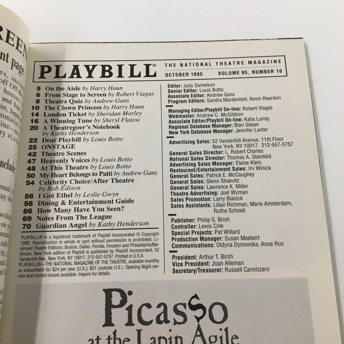 1995 Playbill How To Succeed in Business Without Really Trying interior page from The National Theatre Magazine, listing articles and features.