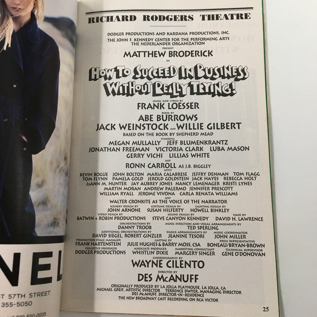 1995 Playbill How To Succeed in Business Without Really Trying cast and crew listing page, showcasing key production members and contributors.