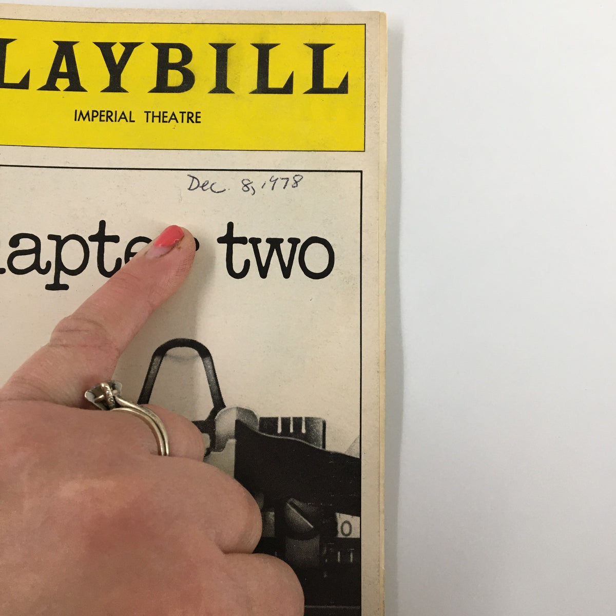 Close-up of the front cover of the 1978 Playbill for Neil Simon's Chapter Two, highlighting handwritten date 'Dec. 8, 1978'.