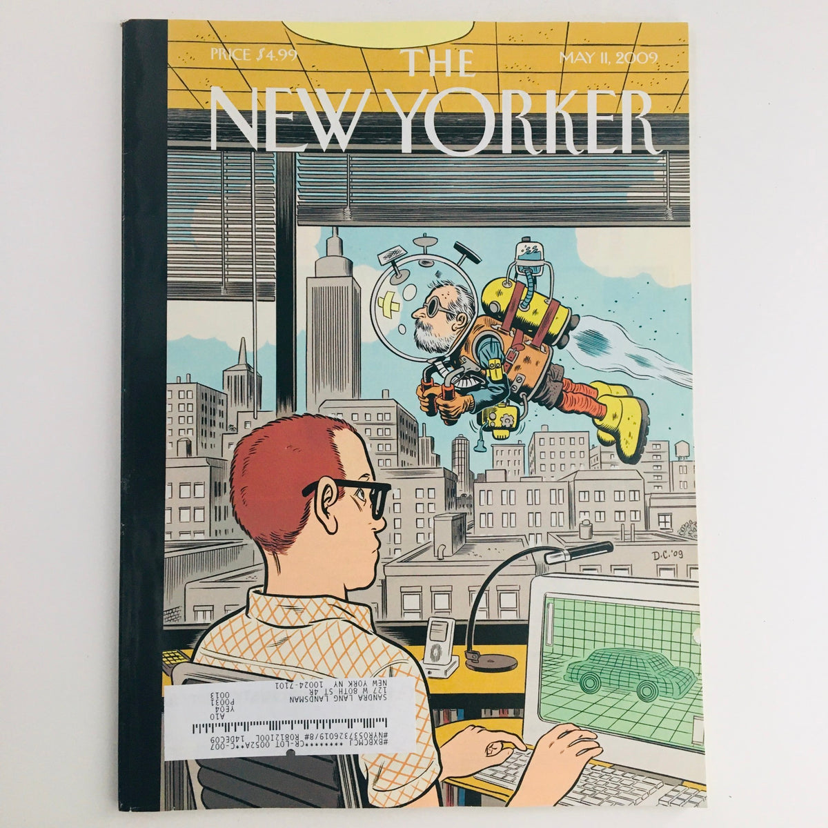The New Yorker Full Magazine May 11 2009 cover featuring art by Dan Clowes, depicting a futuristic scene with a character in a space suit and an astronaut, set against a city skyline.