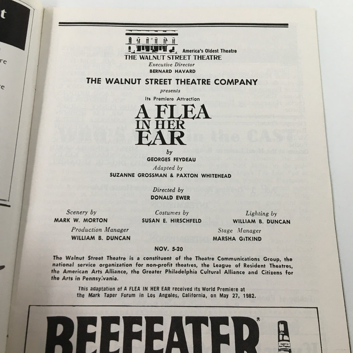 The inside title page of the 1982 Playbill for 'A Flea in Her Ear' by Donald Ewer, indicating the production details and credits for the Walnut Street Theatre Company.
