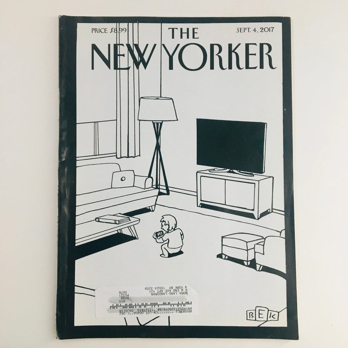 The New Yorker September 4 2017 Full Magazine Theme Cover featuring a minimalist design with a child playing in a living room, illustrated by Bruce Eric Kaplan.