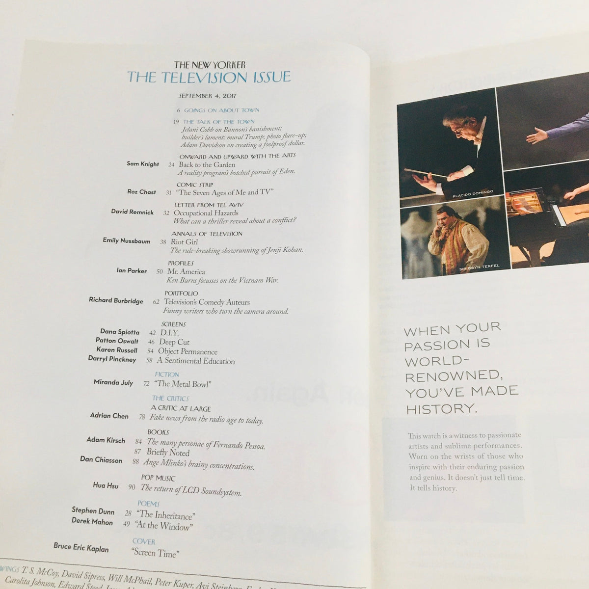 Interior page of The New Yorker September 4 2017 magazine showcasing the table of contents, highlighting features in the television issue.
