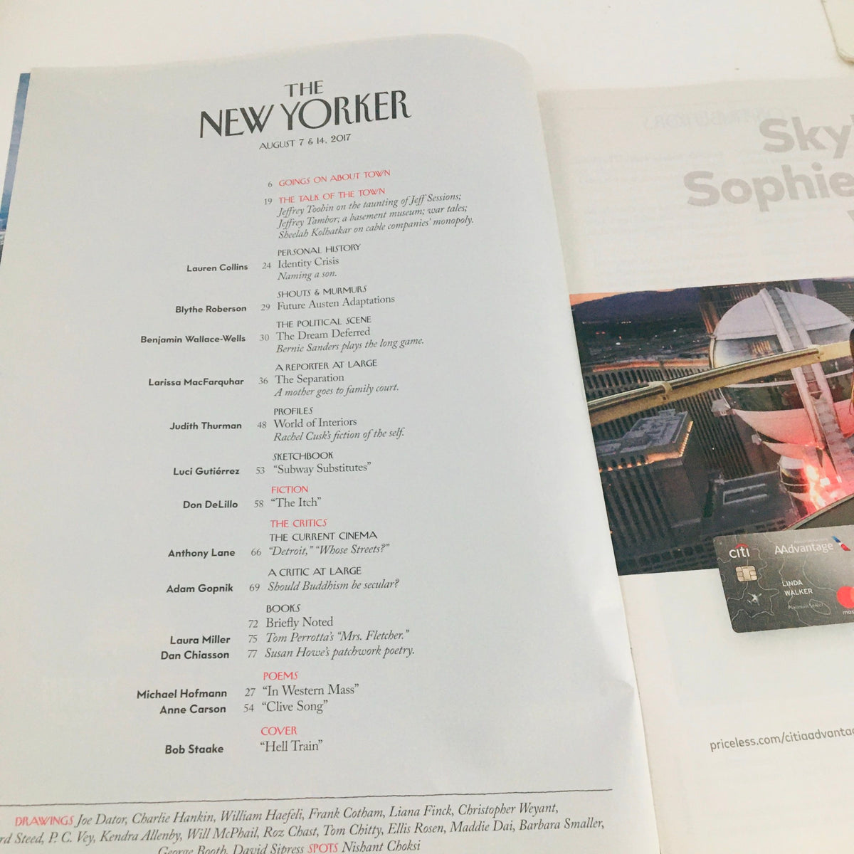 Interior page of The New Yorker August 7 2017 listing contributions from various writers and artists, showcasing the magazine's engaging content.