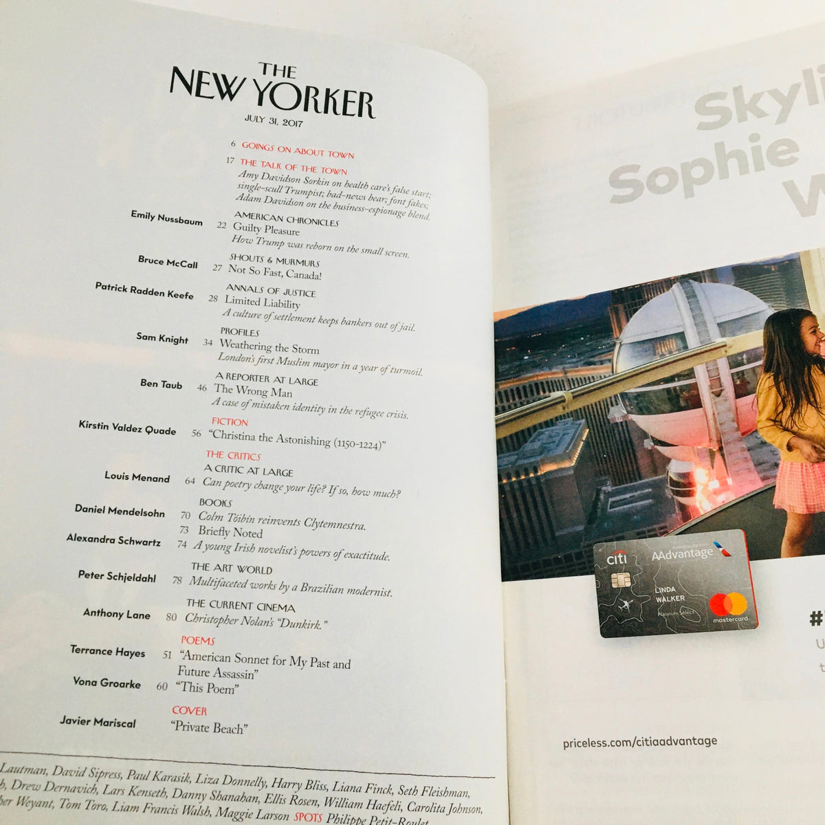 Interior page of The New Yorker July 31 2017 showcasing the table of contents and contributions, designed by Javier Mariscal.