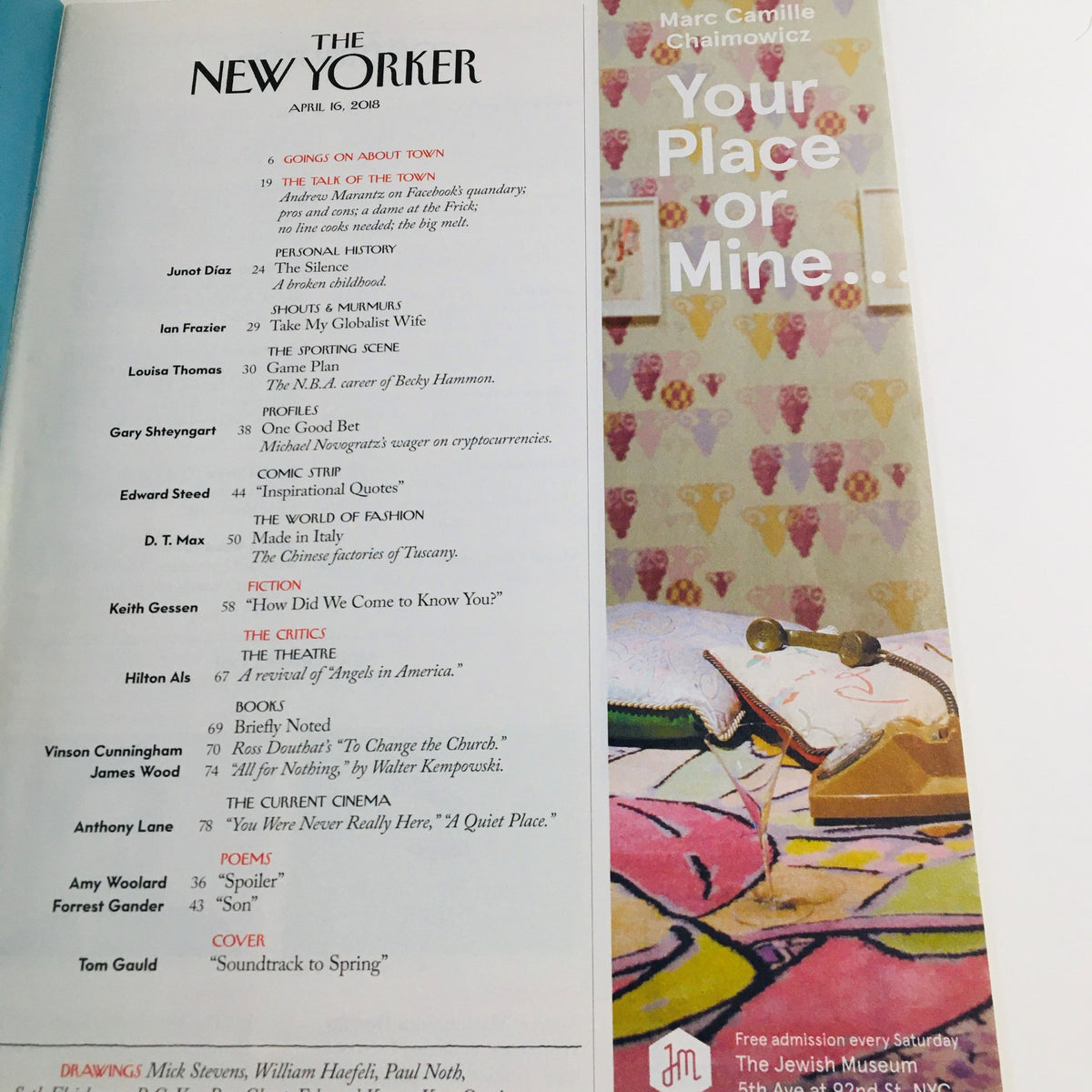 Table of contents from The New Yorker April 16 2018, listing articles and features in this issue, associated with Tom Gauld's cover.