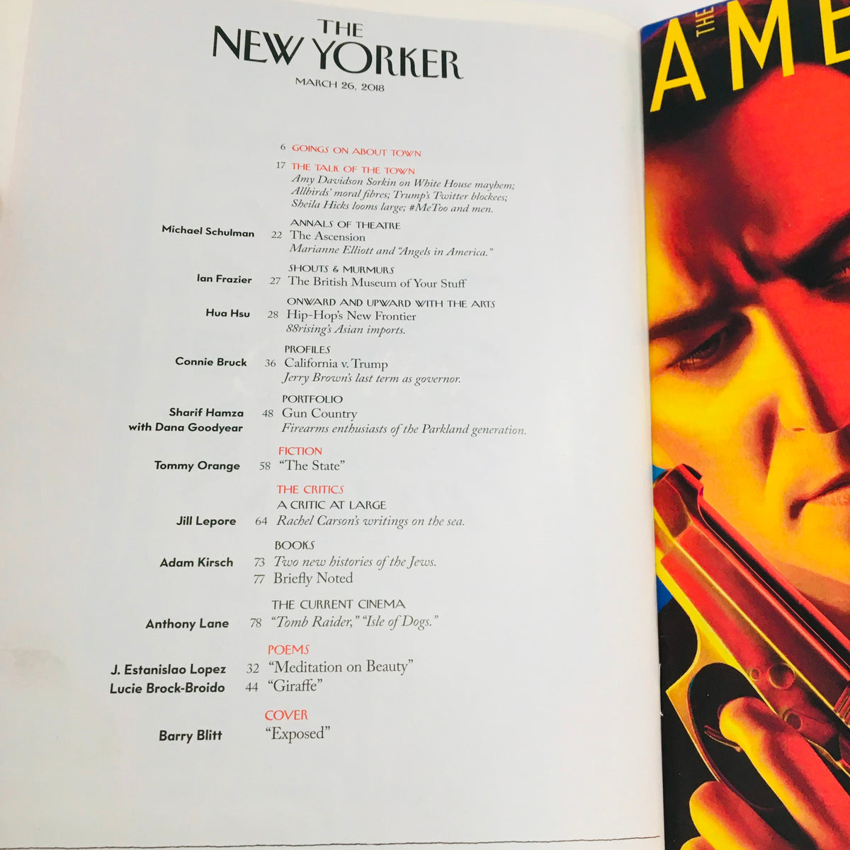 Interior page of The New Yorker Magazine March 26 2018, listing articles and contents featuring Barry Blitt's cover illustration along with notable contributors, showcasing the magazine's engagement with contemporary issues.