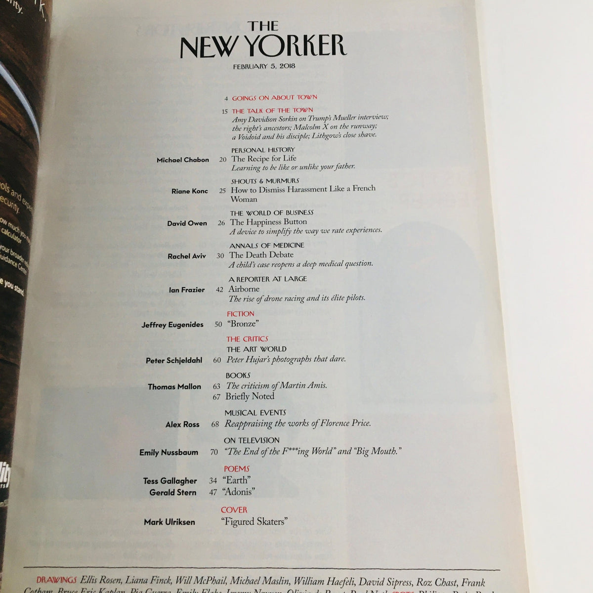 Table of contents from The New Yorker February 5, 2018 issue, listing articles and contributors, including the piece 'Froze Skaters' by Mark Ulriksen.