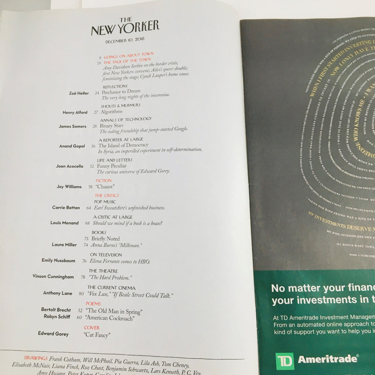 The New Yorker December 10 2018 magazine details page including the table of contents and notable articles from the issue, showcasing the work of Edward Gorey.