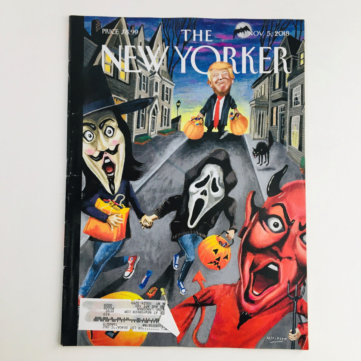 The New Yorker November 5 2018 Full Magazine Theme Cover by Mark Ulriksen featuring a Halloween scene with a caricature of Donald Trump, spooky characters, and a vibrant autumn background.