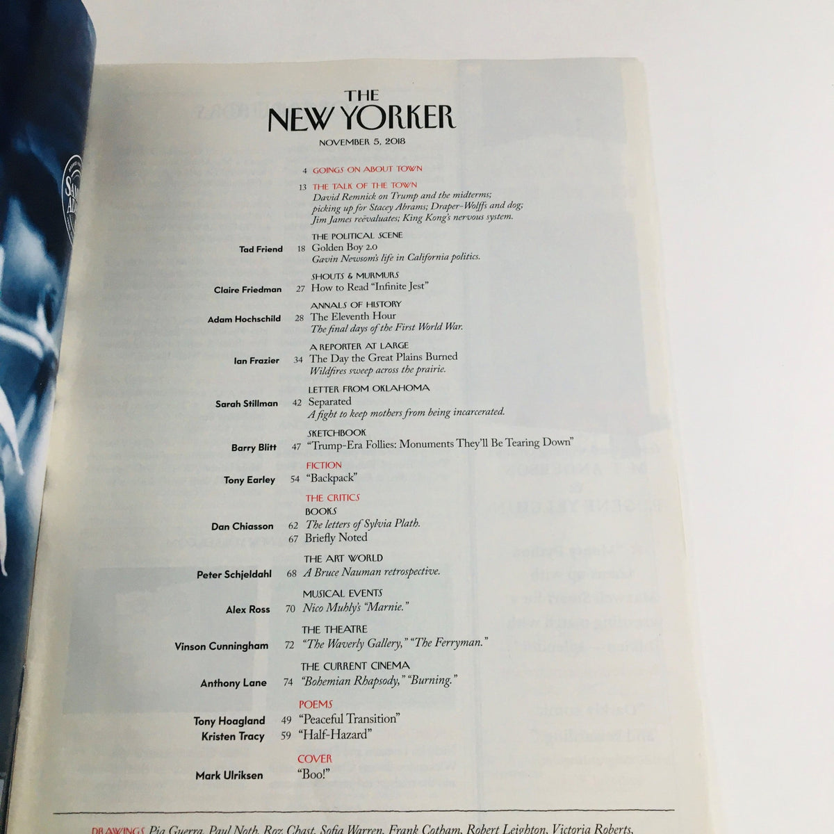 Inside page of The New Yorker November 5 2018 showing the table of contents, listing articles and contributors, highlighting the magazine's focus on cultural commentary and contemporary issues.