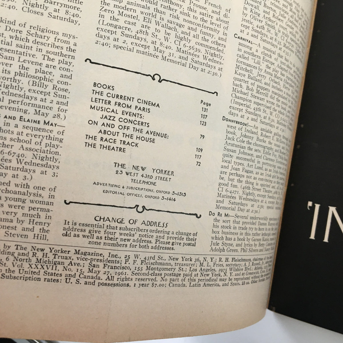 The contents page of The New Yorker Full Magazine May 27 1961, featuring various articles including 'The Current Cinema' and 'Jazz Concerts', highlighting the cultural topics of the time.