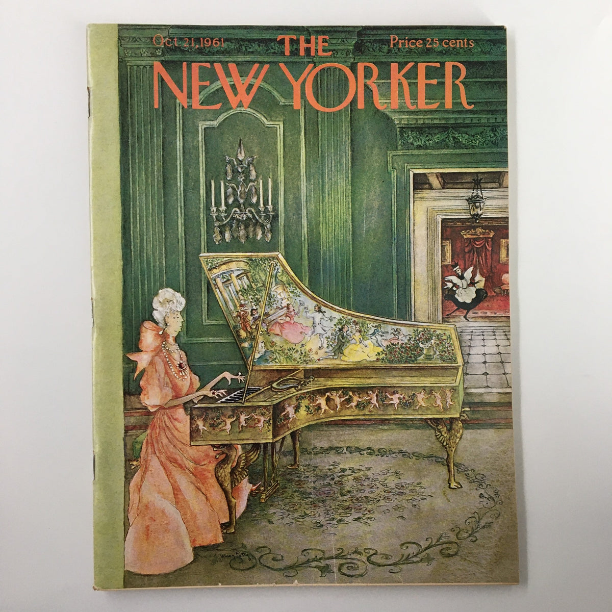 Cover of The New Yorker magazine from October 21, 1961, featuring an illustration of a lady playing a grand piano in an elegant setting, created by Mary Petty.