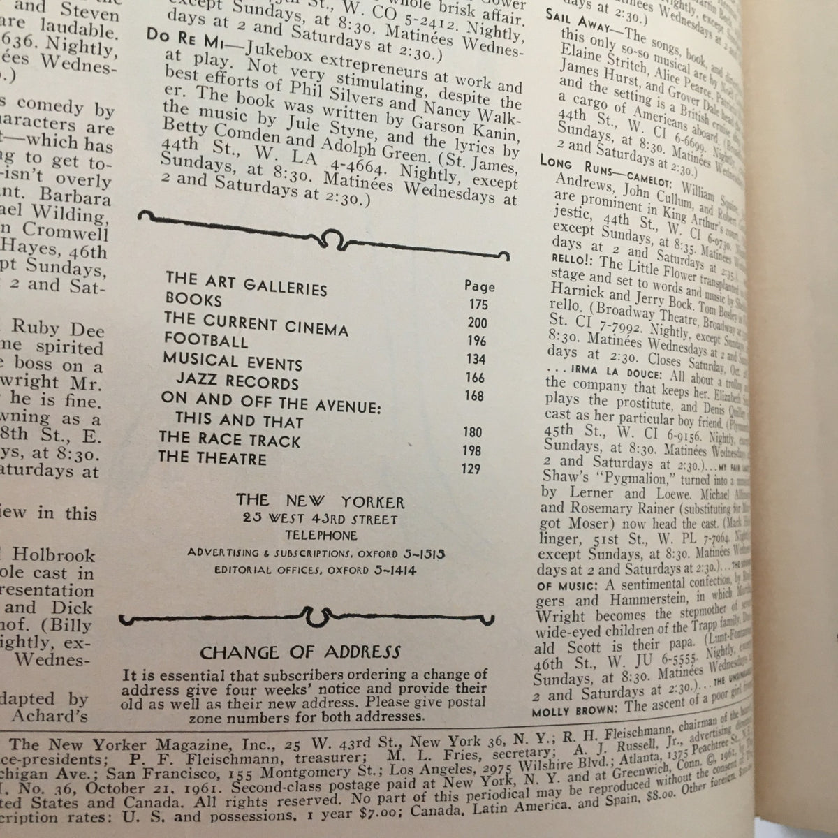Interior page of The New Yorker magazine from October 21, 1961, displaying the table of contents, articles, and features offered in this classic issue.