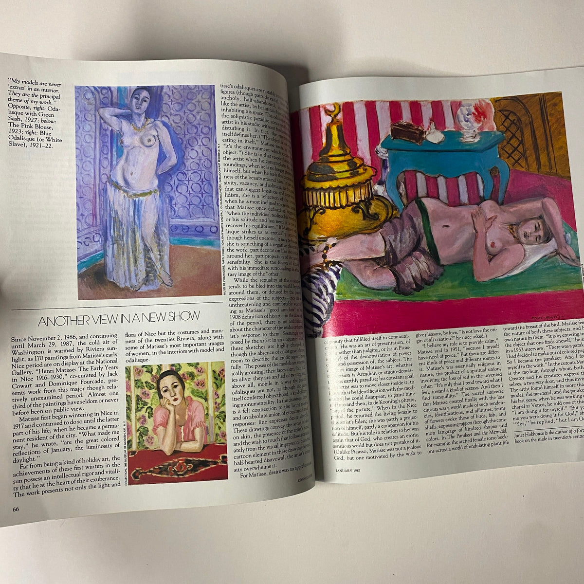 Interior pages of Connoisseur Magazine January 1987 showcasing a detailed discussion on Odalisques and artworks related to Matisse.