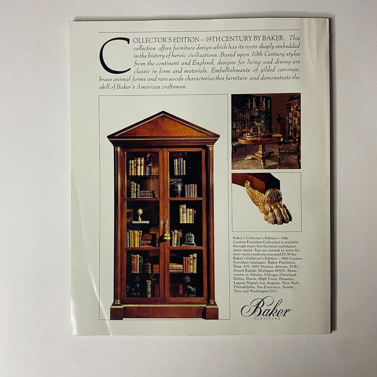 Advertisement page from Connoisseur Magazine January 1987 for Baker's 19th Century furniture collection, highlighting elegant furniture design and craftsmanship.