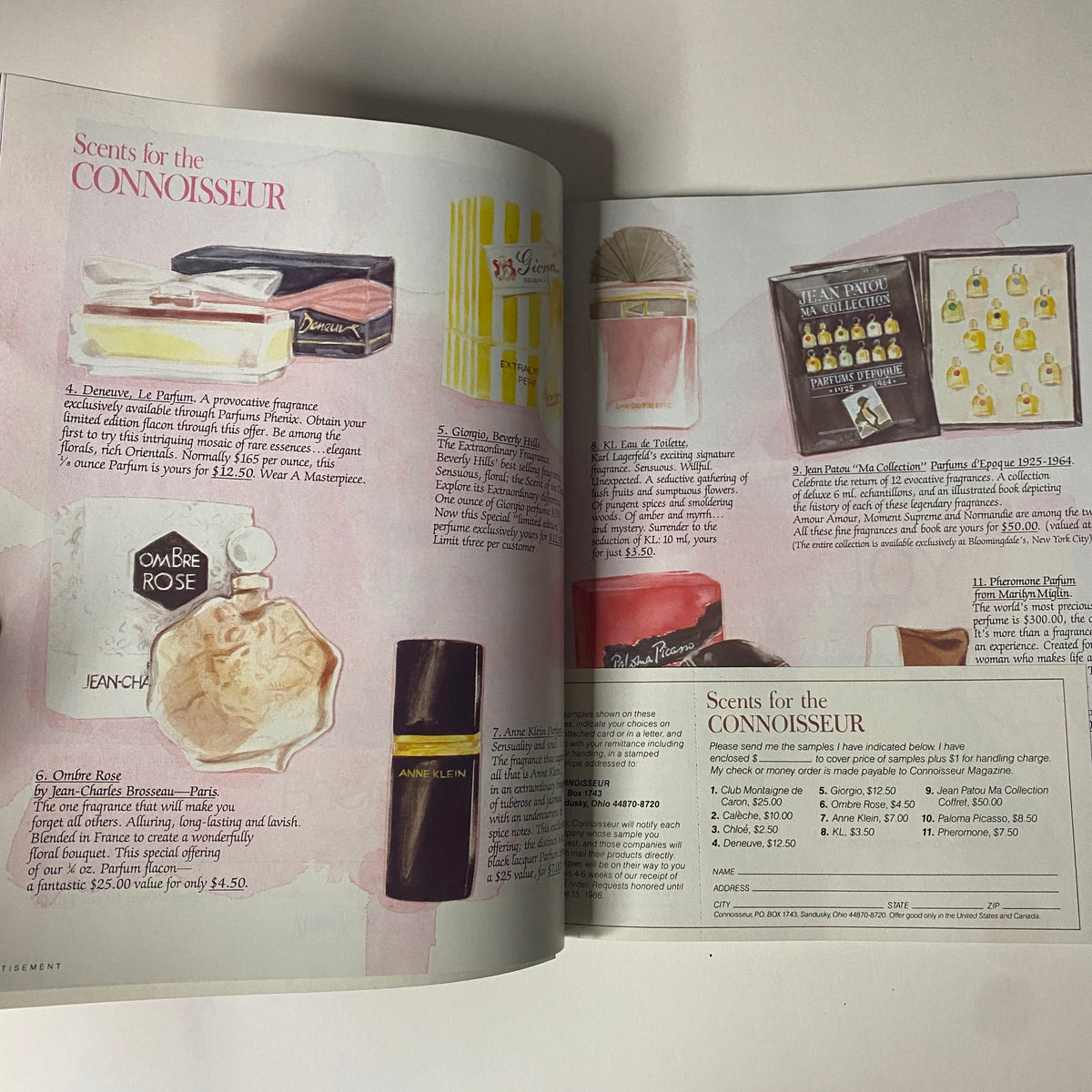 Advertorial section titled 'Scents for the Connoisseur' from Connoisseur Magazine April 1986, listing various perfumes and fragrances.