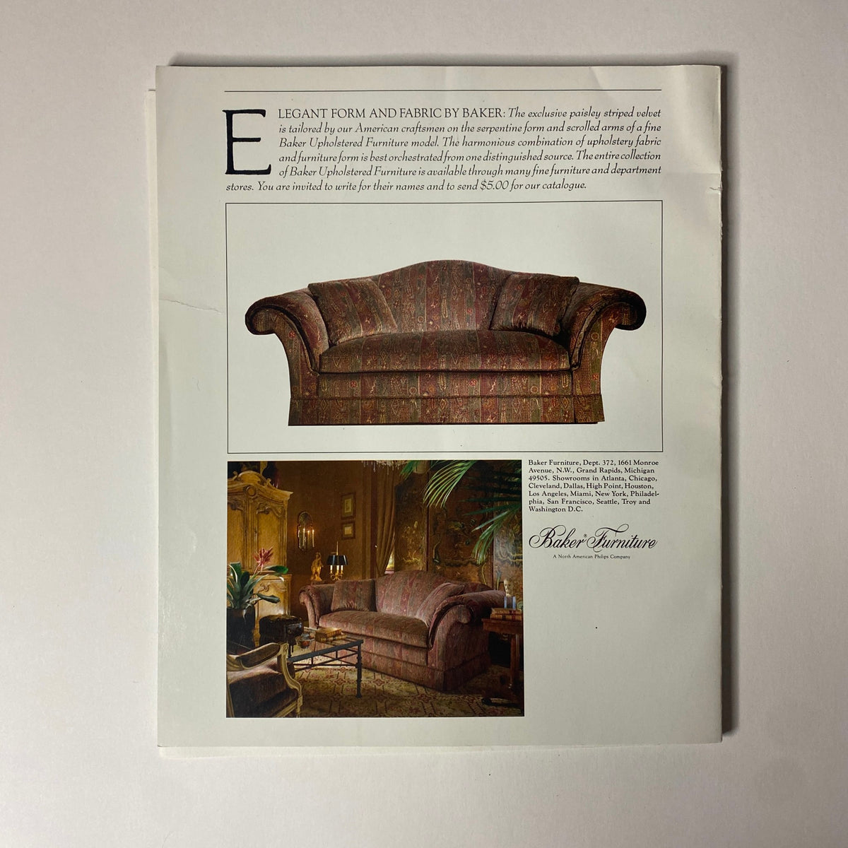 Advertisement page in Connoisseur Magazine April 1986 for Baker Furniture, featuring elegant couches and upholstery in a luxurious setting.