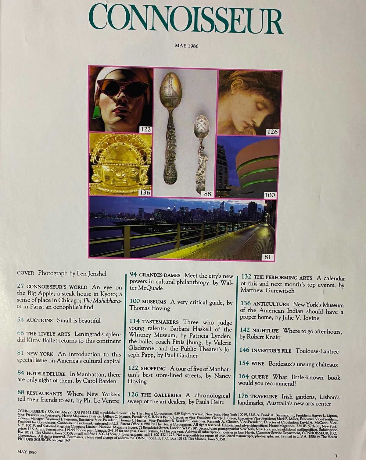 Index page of Connoisseur Magazine, May 1986, showcasing the issue's features including cultural highlights such as Grandes Dames, Museums, and The Performing Arts, accompanied by intricate photography.