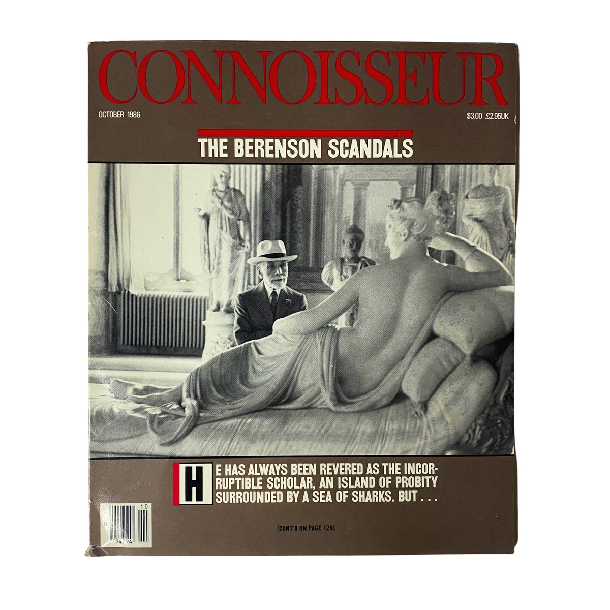 Connoisseur Magazine October 1986 featuring 'The Berenson Scandals' cover image, showcasing an iconic black and white photograph of classical sculptures and figures, illustrating themes of art, culture, and controversy.