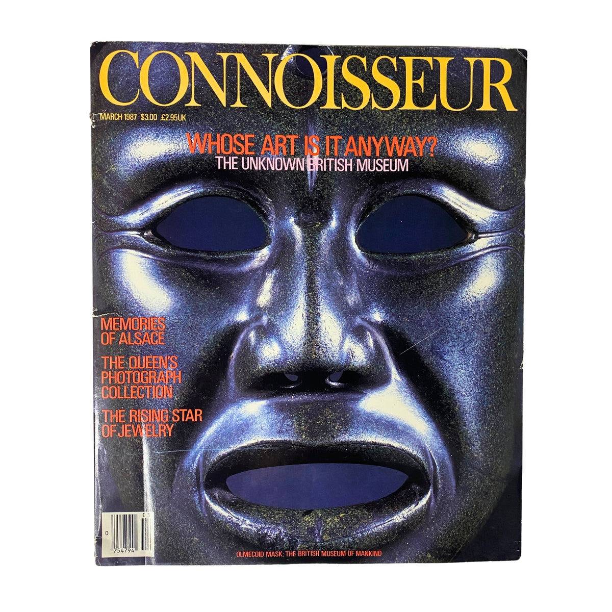Connoisseur Magazine March 1987 cover featuring the mask of Olmec origin with the headline 'Whose Art Is It Anyway? The Unknown British Museum'.