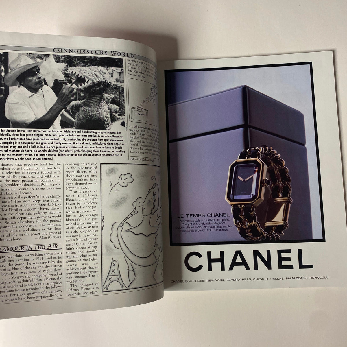 Another inside page of Connoisseur Magazine December 1987 showing a feature on luxury and elegance with a Chanel watch advertisement, reflecting themes of high-end fashion.