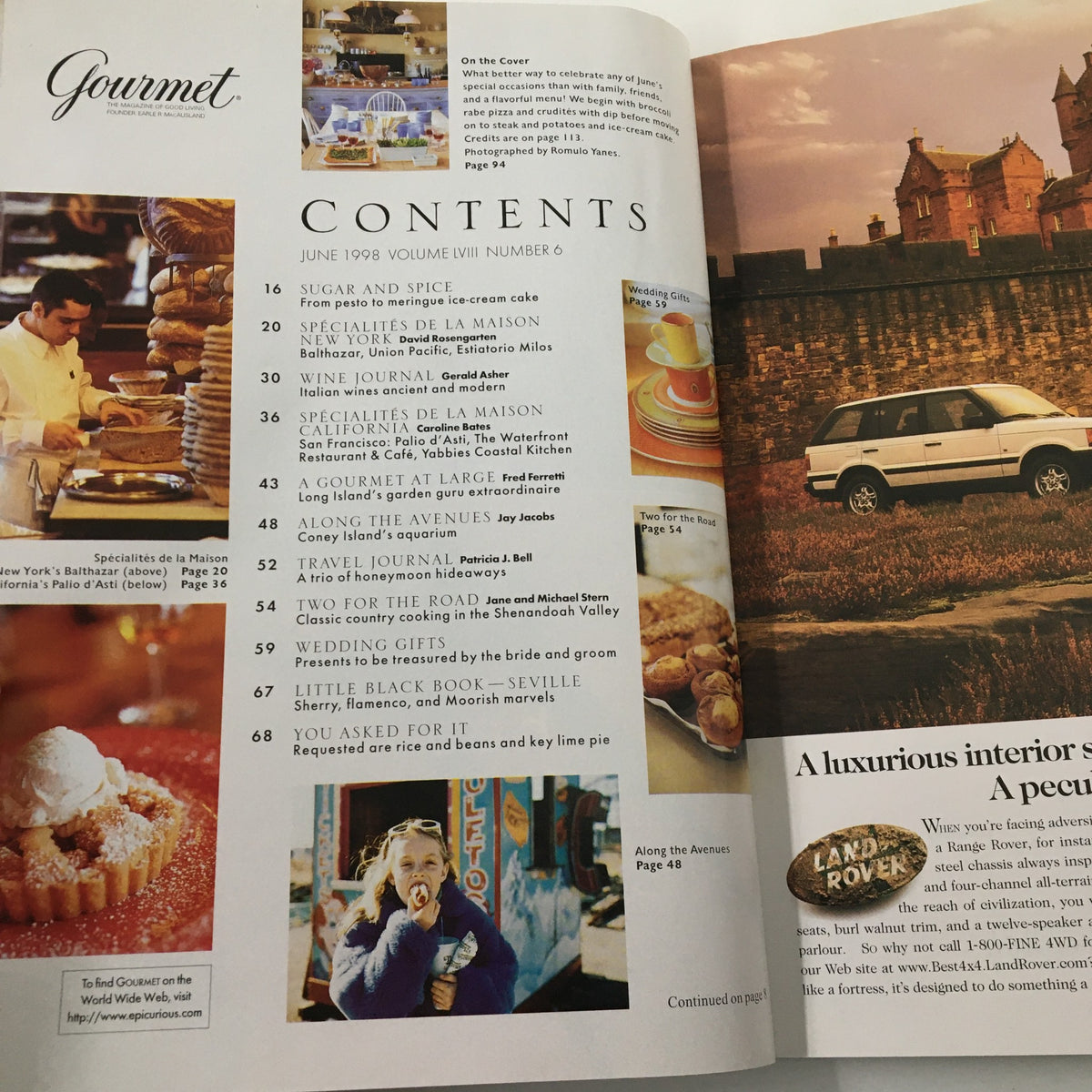 Contents page of Gourmet Magazine June 1998 showcasing articles and features including the Little Black Book on Seville's sherry production and culinary traditions.
