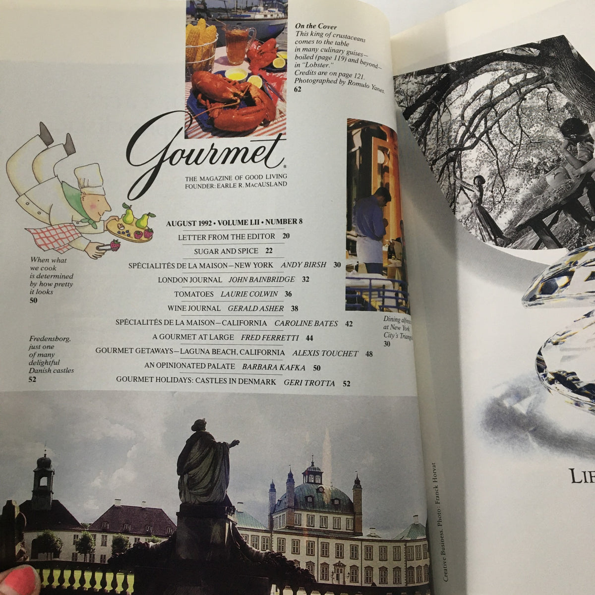 Inside page of Gourmet Magazine August 1992 showcasing the table of contents with articles on gourmet dining, recipes, and culinary features. Title: King of Crustaceans Comes to the Table.