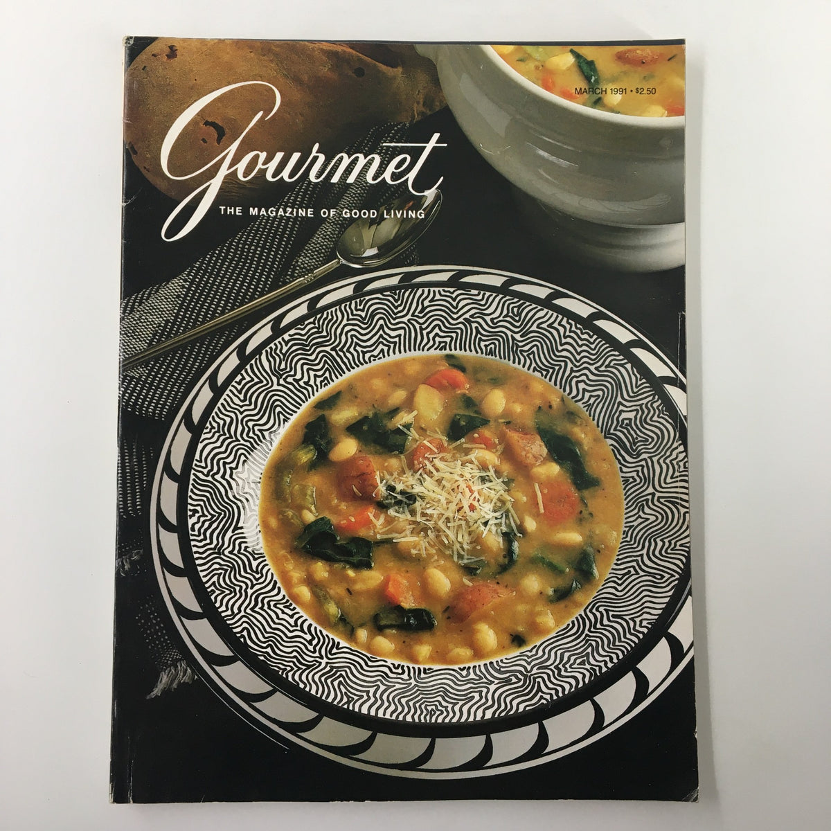 Cover of Gourmet Magazine March 1991 featuring a savory soup with dried beans from the article 'Gastronomie Sans Argent,' highlighting affordable gourmet cooking.